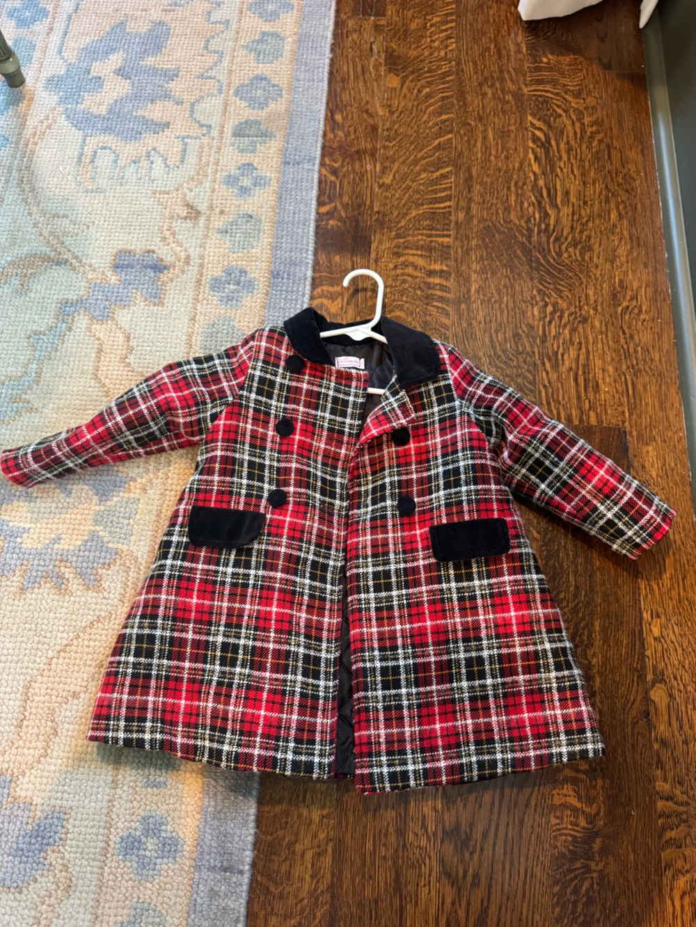 La Coqueta Girls Red Arrieta Coat Plaid Wool-Blend Coat with Velvet Trim